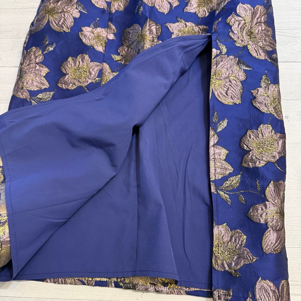 Lulu's Navy Blue Strapless Midi Dress with Metallic Floral Brocade - Picture 5 of 12